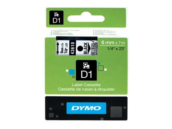 DYMO D1 - vakiopolyesteritarrat - Musta on kirkas -6mm x 7m, Musta läpinäkyvällä, Polyesteri, Belgia, -18 - 90 °C, DYMO, LabelManager, LabelWriter 45
