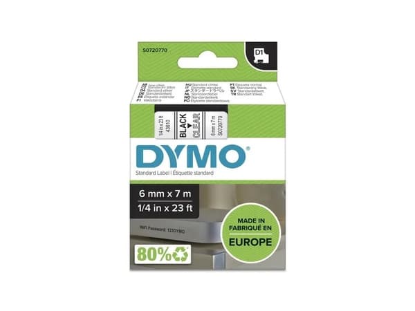 DYMO D1 - vakiopolyesteritarrat - Musta on kirkas -6mm x 7m, Musta läpinäkyvällä, Polyesteri, Belgia, -18 - 90 °C, DYMO, LabelManager, LabelWriter 45