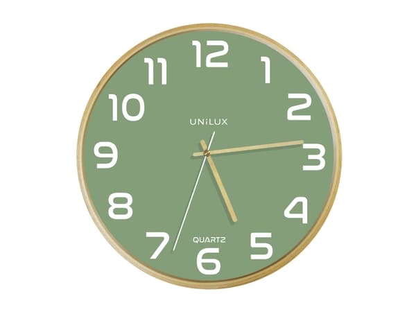 Unilux 400165098, Vegg, Kvartsklokke, Rund, Grønn, Tre, Tre, Glass