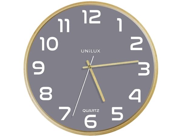 Unilux 400165097, Vegg, Kvartsklokke, Rund, Grå, Tre, Tre, Glass