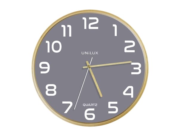 Unilux 400165097, Vegg, Kvartsklokke, Rund, Grå, Tre, Tre, Glass