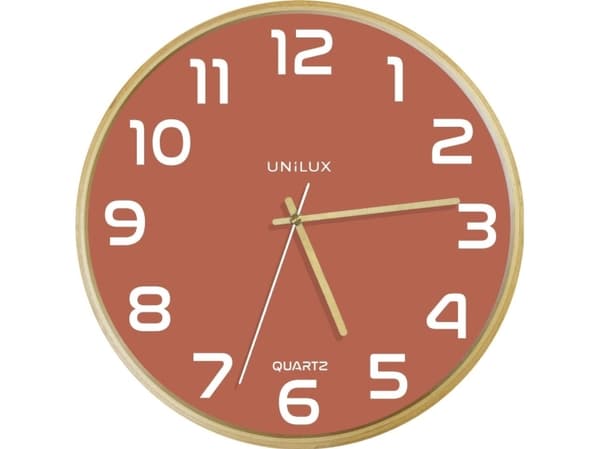 Unilux 400165111, Wall, Quartz clock, Round, Brick colour, Wood, Wood, Glass