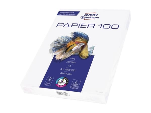 Avery 2566-250, Laser-/Mustesuihkutulostus, A4 (210x297 mm), 250 arkkia, 100 g/m², Valkoinen, EU Ecolabel