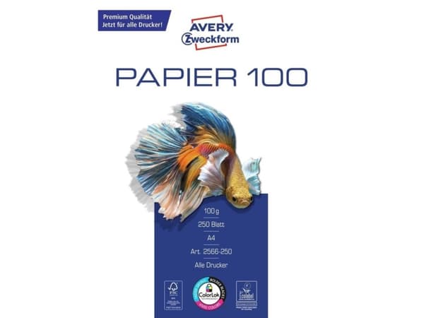 Avery 2566-250, Laser-/Mustesuihkutulostus, A4 (210x297 mm), 250 arkkia, 100 g/m², Valkoinen, EU Ecolabel