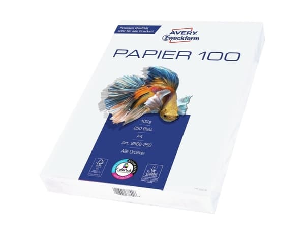 Avery 2566-250, Laser-/Mustesuihkutulostus, A4 (210x297 mm), 250 arkkia, 100 g/m², Valkoinen, EU Ecolabel