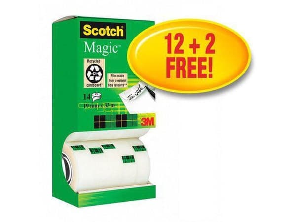 Arvopaketti: 12 x Scotch® Magic™ -teippi, kartonkitorni, 19 mm x 33 m + 2 rullaa ILMAISEKSI
