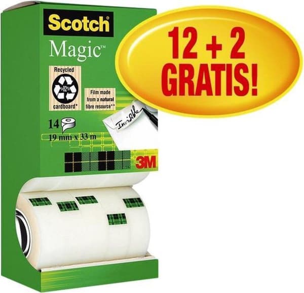 Arvopaketti: 12 x Scotch® Magic™ -teippi, kartonkitorni, 19 mm x 33 m + 2 rullaa ILMAISEKSI
