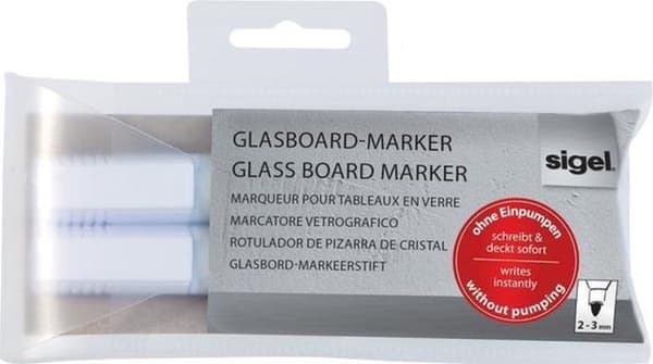 glasplademarkør Sigel 2-3mm rund spids 2 stykker i pose hvid SI-GL715