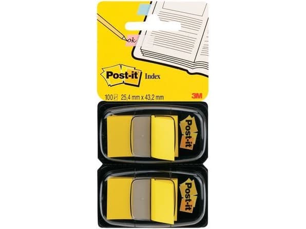 3M Post-it Index, gul, smal, 2 x 50 selvklebende strimler, dimensjoner: 25,4 x 43,2 mm, i en engangsdispenser - 2 stk (680-YW2)