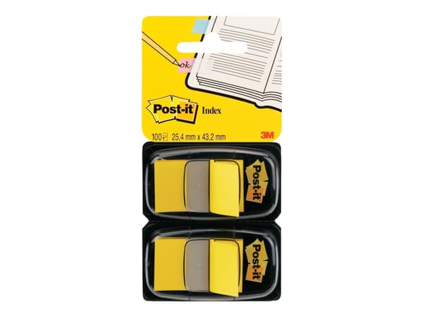 3M Post-it Index, gul, smal, 2 x 50 selvklebende strimler, dimensjoner: 25,4 x 43,2 mm, i en engangsdispenser - 2 stk (680-YW2)