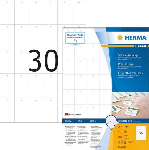 HERMA 8046 Tarrat tarttumattomat A4 35 x 59,4 mm kestävä paperi/folio valkoinen rei'itetty, tulostettava