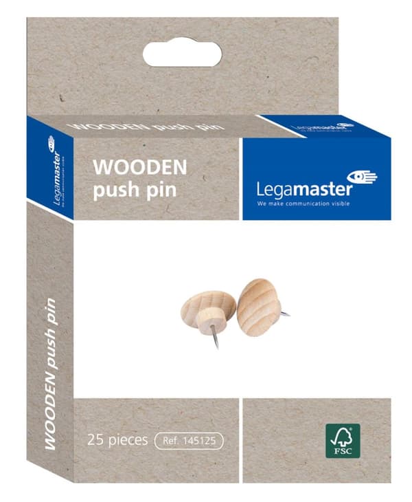 Legamaster WOODEN pushpin 25kpl. Tuotteen väri: Puu, Materiaali: Puu, Alkuperämaa: Kiina. Leveys: 20mm Syvyys: 20mm Korkeus: 27mm Määrä per pakkaus: 1
