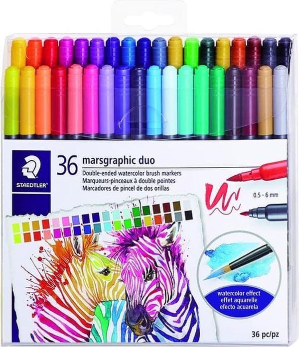 Dubbel penselpenna med borstspets - set 36 st