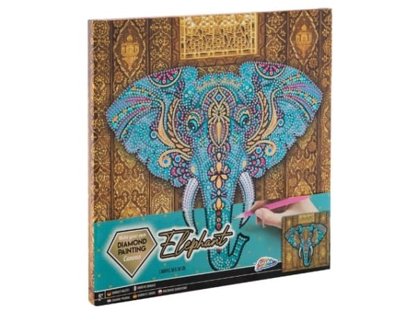 Diamantkonst på duk - Elefant, 30 x 30 cm.
