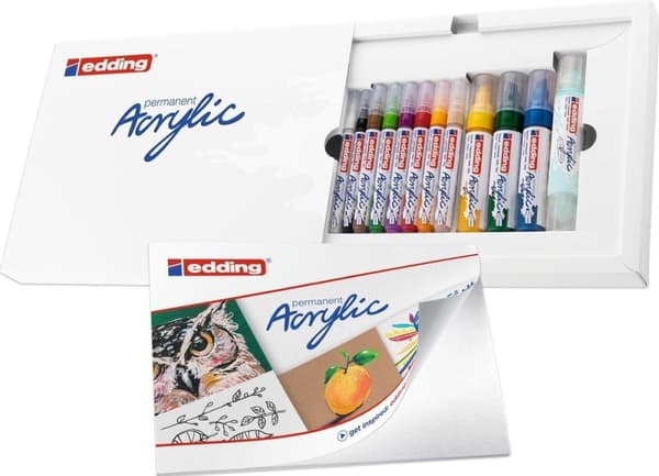edding Akryylimerkit aloitussetti - 12 akryylimerkkiä - Leveä taltan kärki - Sisältää väripalkin