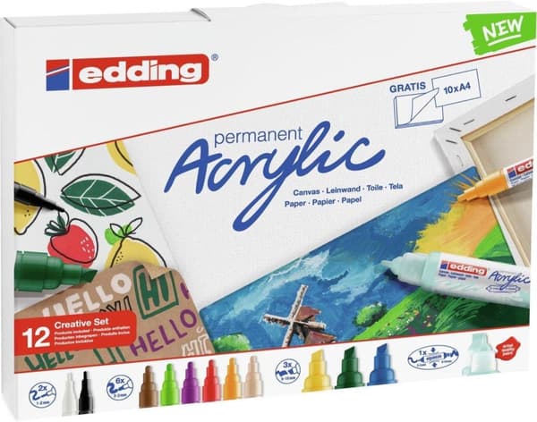 edding Akryylimerkit aloitussetti - 12 akryylimerkkiä - Leveä taltan kärki - Sisältää väripalkin