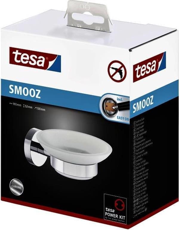 Tesa Smooz Sæbeholder 13,5x15,5x8,5cm uden boring Selvklæbende Forkromet Metal krom hvid