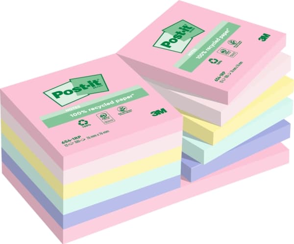 Post-it Recycled Notes 76mmx76mm 100ark/blk 12blk/pak assorterede farver