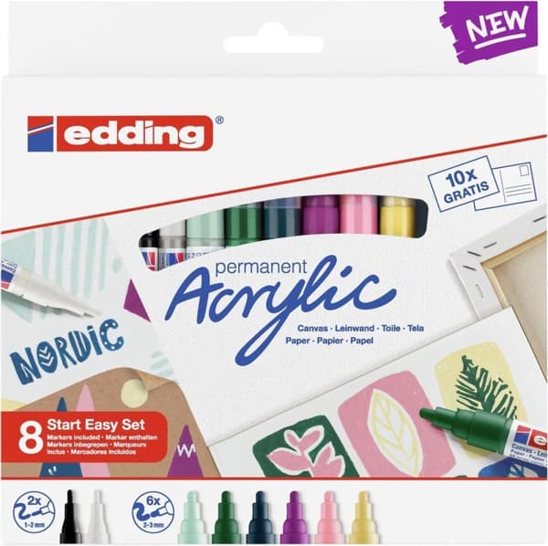 edding Akryylimaali aloitussetti Nordic - 8 akryylimerkkiä - Vedenpitävä - Sisältää A6 postikorttisetin