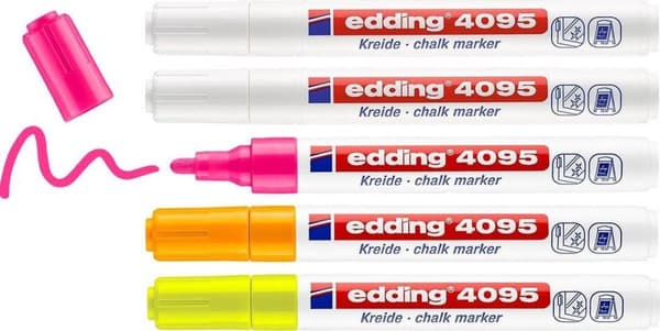 edding Kridtmarkører 4095 - 4 farver kridtmærker - 5 stk - Rund spids - Skrivebredde på 2-3 mm