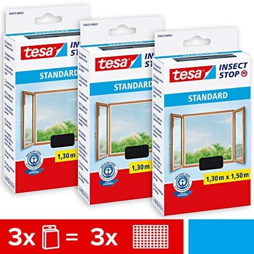 tesa Insect Stop STANDARD flugnät för fönster i en förpackning om 3 - insektsskydd kan skäras till - myggskydd utan borrning - 3 st flugnät antracit -