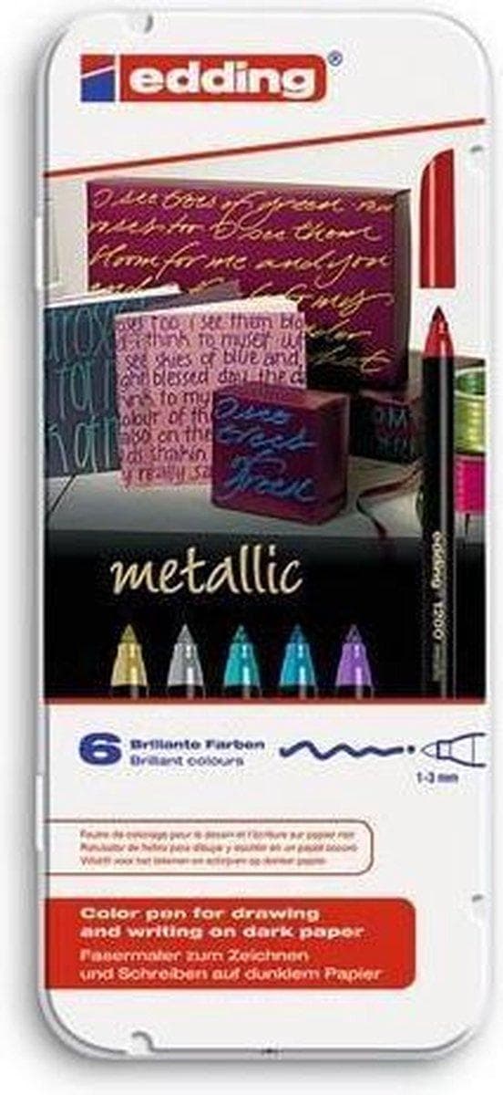 edding filtpenne - 6 metalliske farvede penne i en metalæske - 1 mm rund spids til mørkt papir