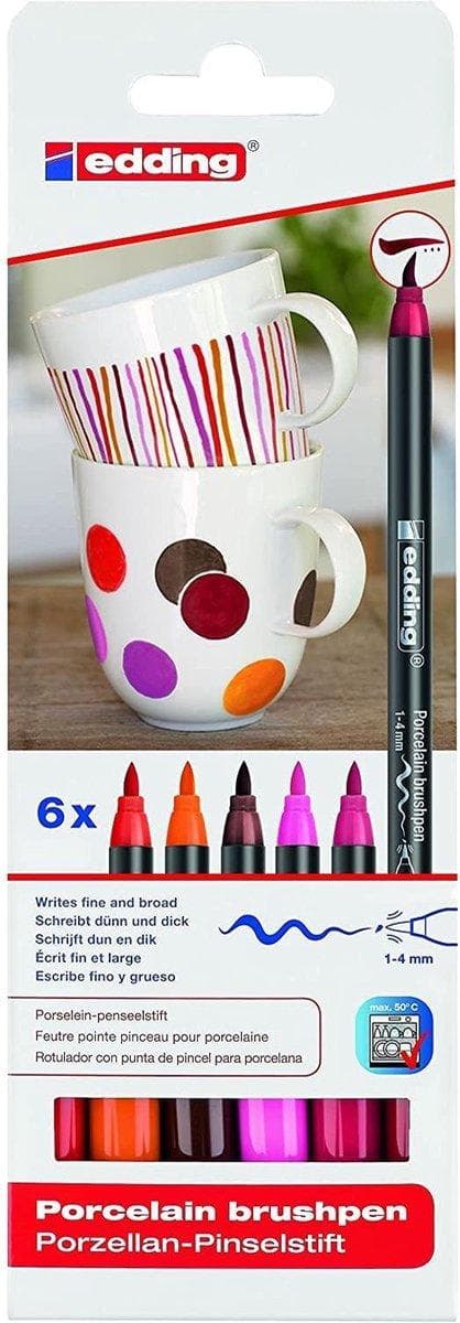 edding Porcelænspenne - Porcelænsmærker - 6 varme farver - Tåler opvaskemaskine - Rund spids