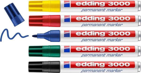 edding 3000 permanent markør - Sæt med 5 permanente markører - Rund spids - Linjebredde fra 1,5-3 mm