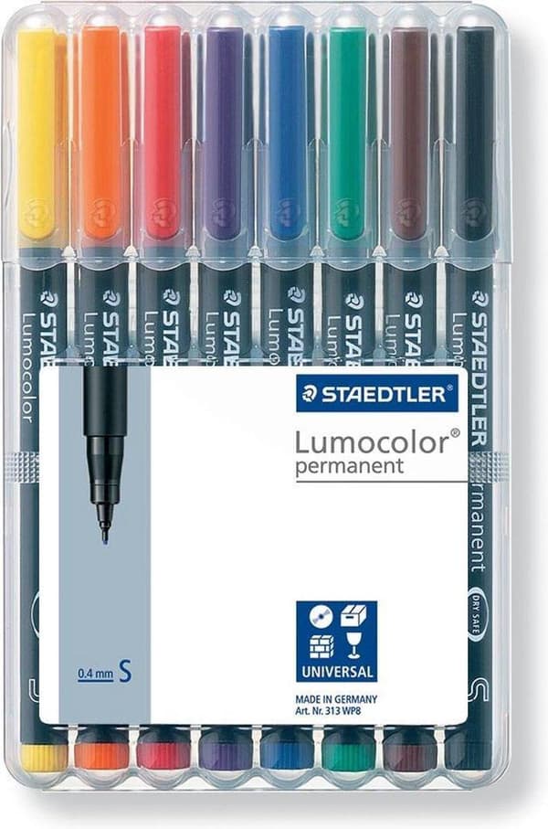 STAEDTLER Lumocolor 313 pysyvä tussi, hieno kärki, 0,4 mm, lajitelma (8 kpl pakkaus)