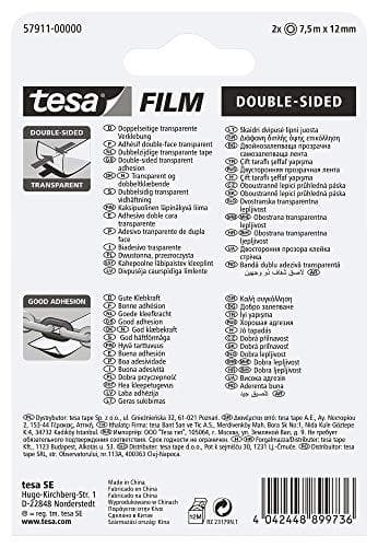 tesafilm dubbelsidig i en förpackning om 2 - dubbelsidig självhäftande film för foton, papper och lätt kartong - transparent - 12 mm bred, 2 x 7,5 m