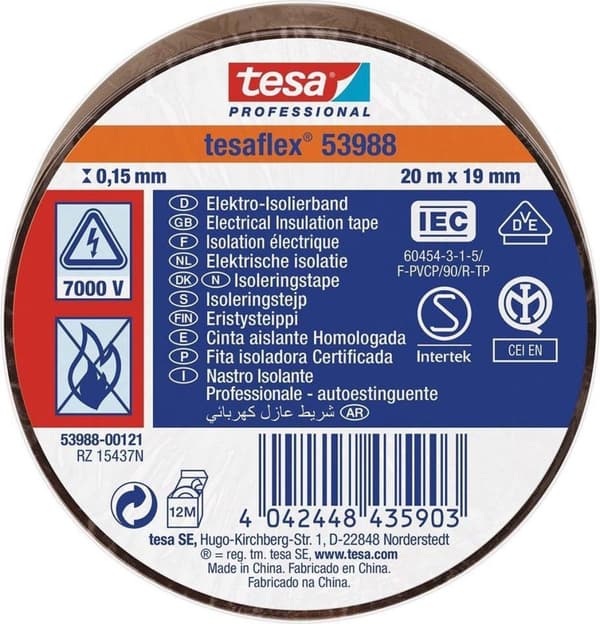 Tesa PVC elektrisk isoleringstape 19mm x 20m brun