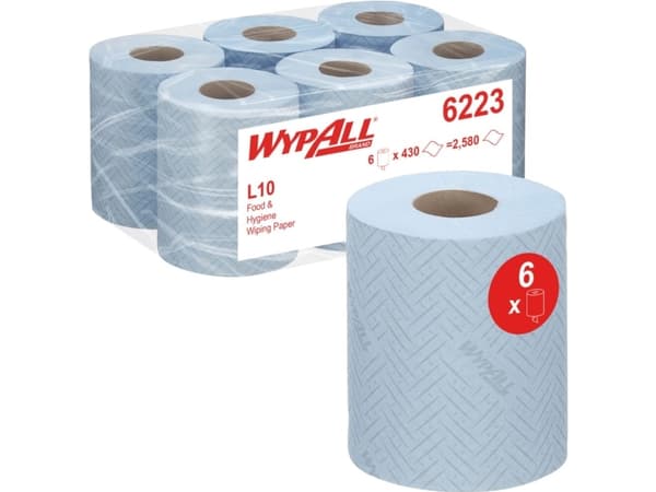 Håndklæderulle, Kimberly-Clark Wypall L10, 1-lags, Mini, 79m x 38cm , Ø18,3cm, blå, genanvendt papir