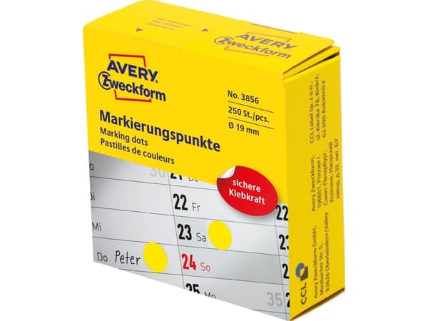 Avery 3856, gul, rund, permanent, universell, papper, 1,9 cm