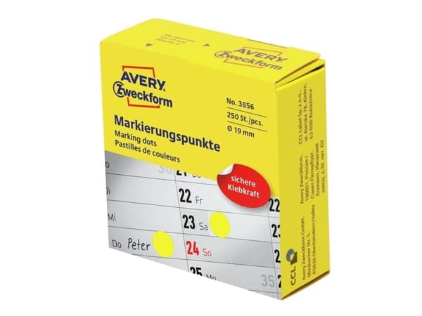 Avery 3856, gul, rund, permanent, universell, papper, 1,9 cm