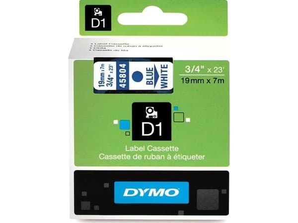 Dymo D1 PRINTING TAPE BLÅ TEXT PÅ VIT Baksida 19 MM X 7 M