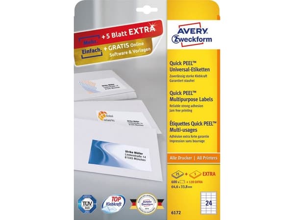 Avery 6172, Vit, Rektangel, Permanent, 64.6 x 33.8 mm, A4, papper