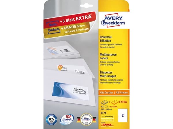 Avery 6176, Vit, Rektangel, Permanent, A4, papper, Laser/bläckstråleskrivare