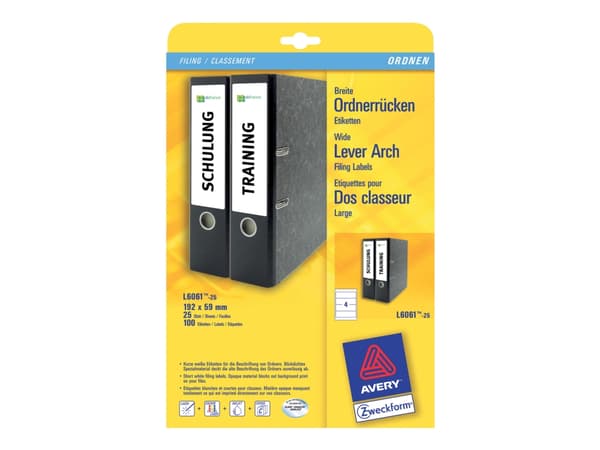 Avery L6061 - Hvit - 59 x 192 mm 100 stk. (25 ark x 4) etiketter for filmapper