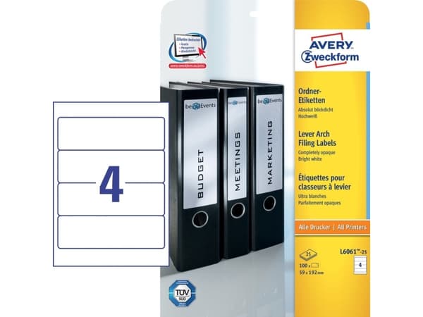 Avery L6061 - Hvit - 59 x 192 mm 100 stk. (25 ark x 4) etiketter for filmapper