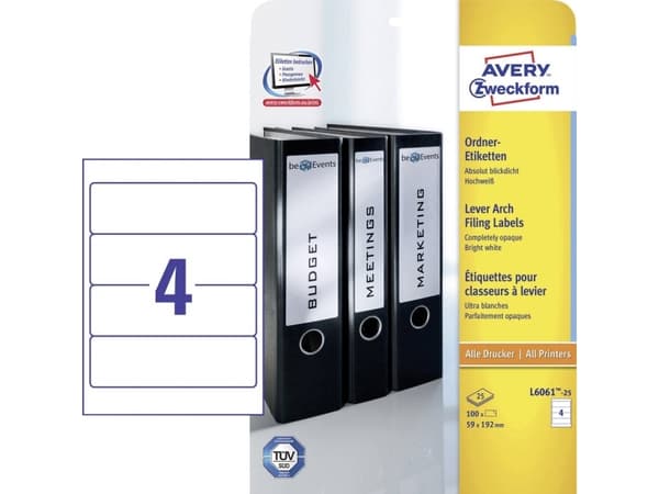 Avery L6061 - Hvit - 59 x 192 mm 100 stk. (25 ark x 4) etiketter for filmapper