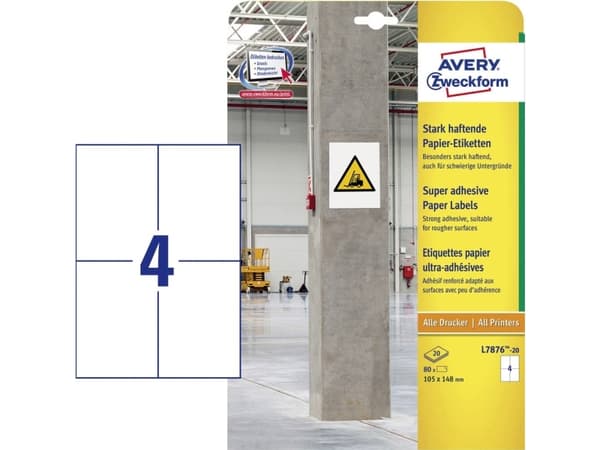 Avery L7876-20, Hvit, Avrundet rektangel, Permanent, Papir, 105 mm, 148 mm