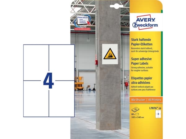 Avery L7876-20, Hvit, Avrundet rektangel, Permanent, Papir, 105 mm, 148 mm