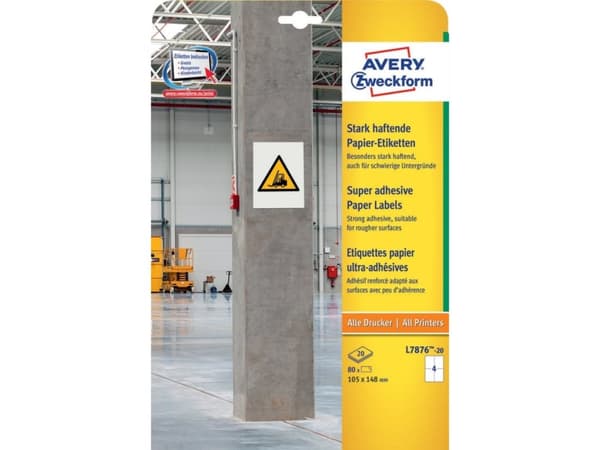 Avery L7876-20, Hvit, Avrundet rektangel, Permanent, Papir, 105 mm, 148 mm