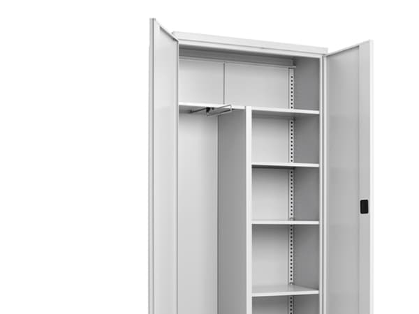 Teräksinen toimisto-/säilytyskaappi saranaovilla 1 pitkä hylly, 3 lyhyttä hyllyä, vaatekaappitanko (LxSxKxK) 1000 x 435 x 1990 mm