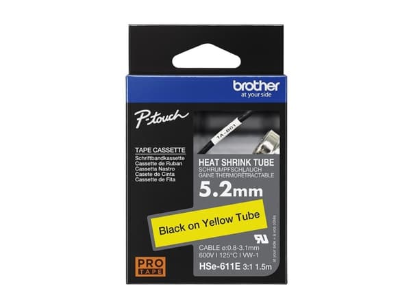 Brother HSe-611E - Svart på gult - Rull (0,52 cm x 1,5 m) 1 kassett(er) hengeboks - varmekrympetape - for P-Touch PT-D800, PT-E300, PT-E310, PT-E550,