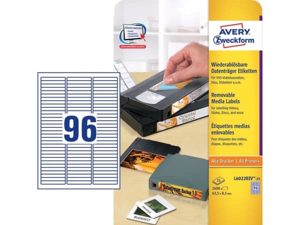 Avery L6022REV - Hvit - 8.5 x 63.5 mm 2400 stk (25 ark x 96) flyttbare datalageretiketter
