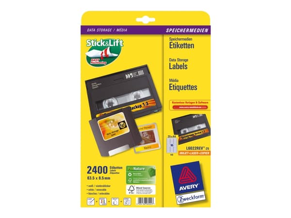 Avery L6022REV - Hvit - 8.5 x 63.5 mm 2400 stk (25 ark x 96) flyttbare datalageretiketter