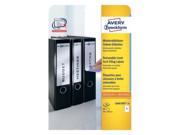 Avery L6061REV-20, hvit, avrundet rektangel, avtakbar, 59 x 192 mm, A4, papir