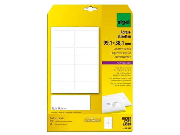 Sigel LA321, Vit, Limfri etikett, Universal, Rundad rektangel, A4, 99.1 x 38.1 mm