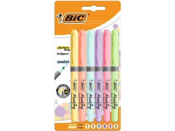 Overstregningspenne BIC Highlighter Grip Pastel med 6 stk. ass. pastelfarver